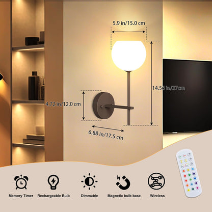 Brass Battery Operated Wall Sconces Set of 2, Rechargeable Wireless Wall Lights with Milky White Frosted Glass, 12 RGB and 3CCT Dimmable, Wall Lamps with Remote for Bedroom Living Room Hallway