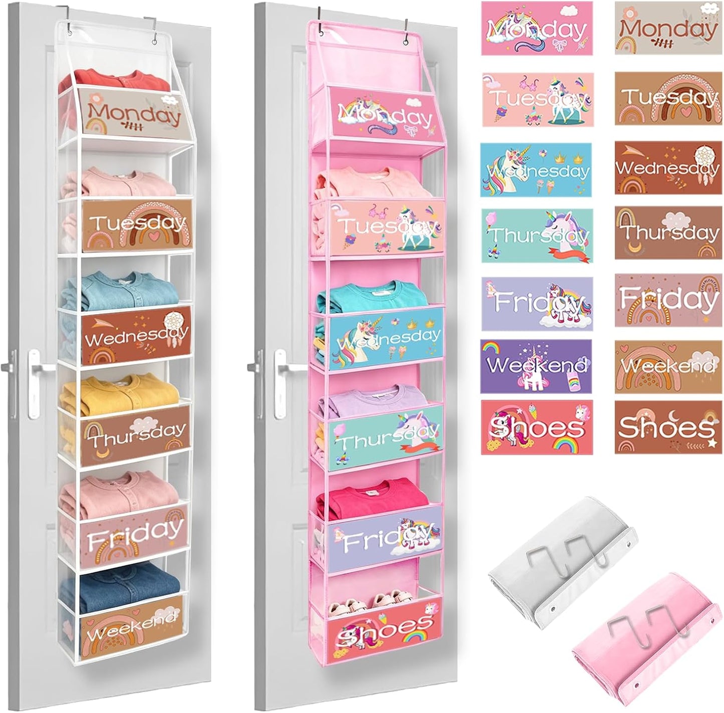 2 Pack Weekly Clothes Organizer for Kids, 6 Shelf Hanging Closet Organizer with Clear Window, Foldable Days of the Week Over the Door Outfit Organizer with Labels for Closet School