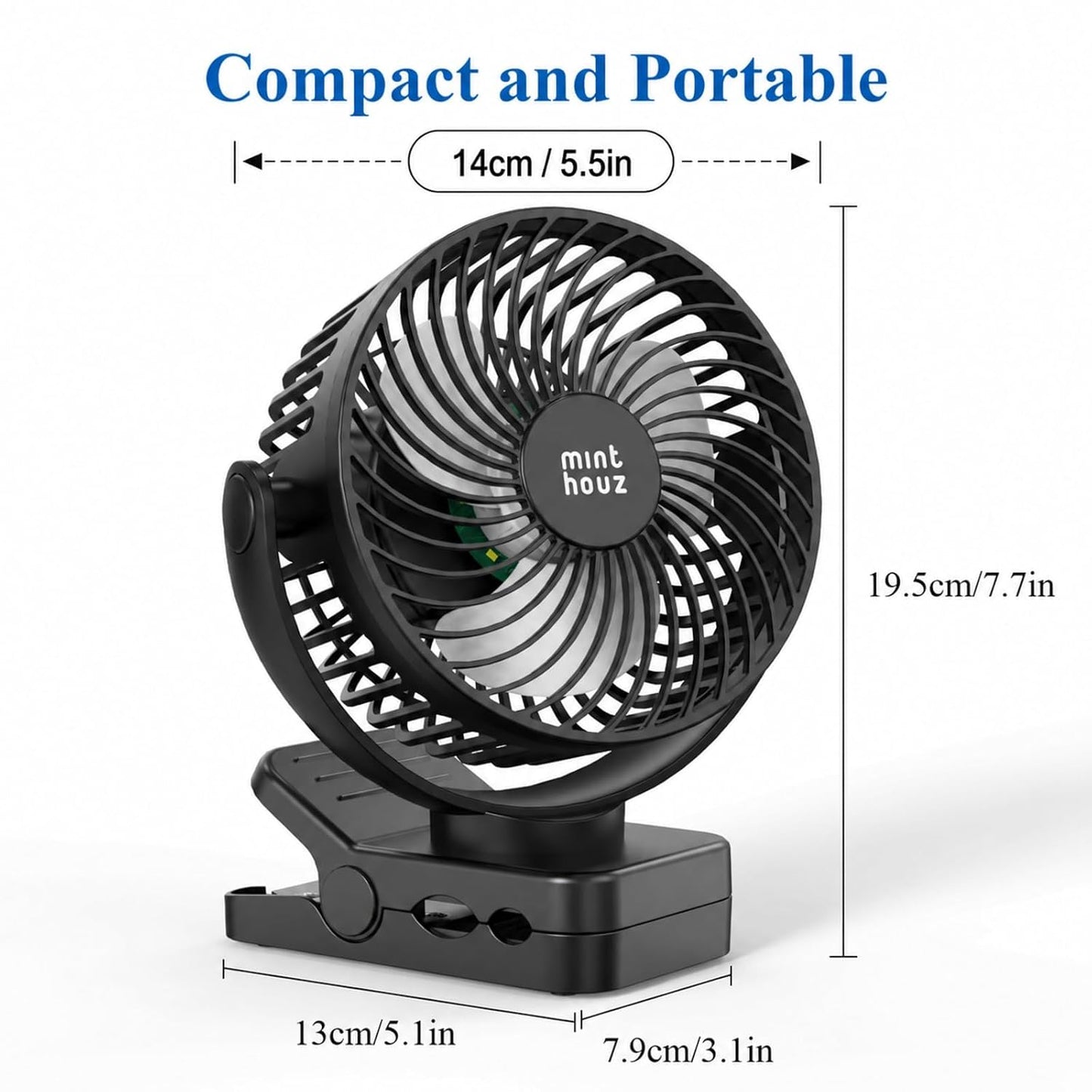 Minthouz Clip on Fan, 12000mAh Desk Fans, 360° Rotation Rechargeable Portable Fan with 45hrs Runtime - Quiet 3 Speeds, Wireless Remote, Timer, Input/Output Ports - Lightweight for Travel & Office