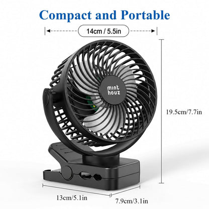 Minthouz Clip on Fan, 12000mAh Desk Fans, 360° Rotation Rechargeable Portable Fan with 45hrs Runtime - Quiet 3 Speeds, Wireless Remote, Timer, Input/Output Ports - Lightweight for Travel & Office