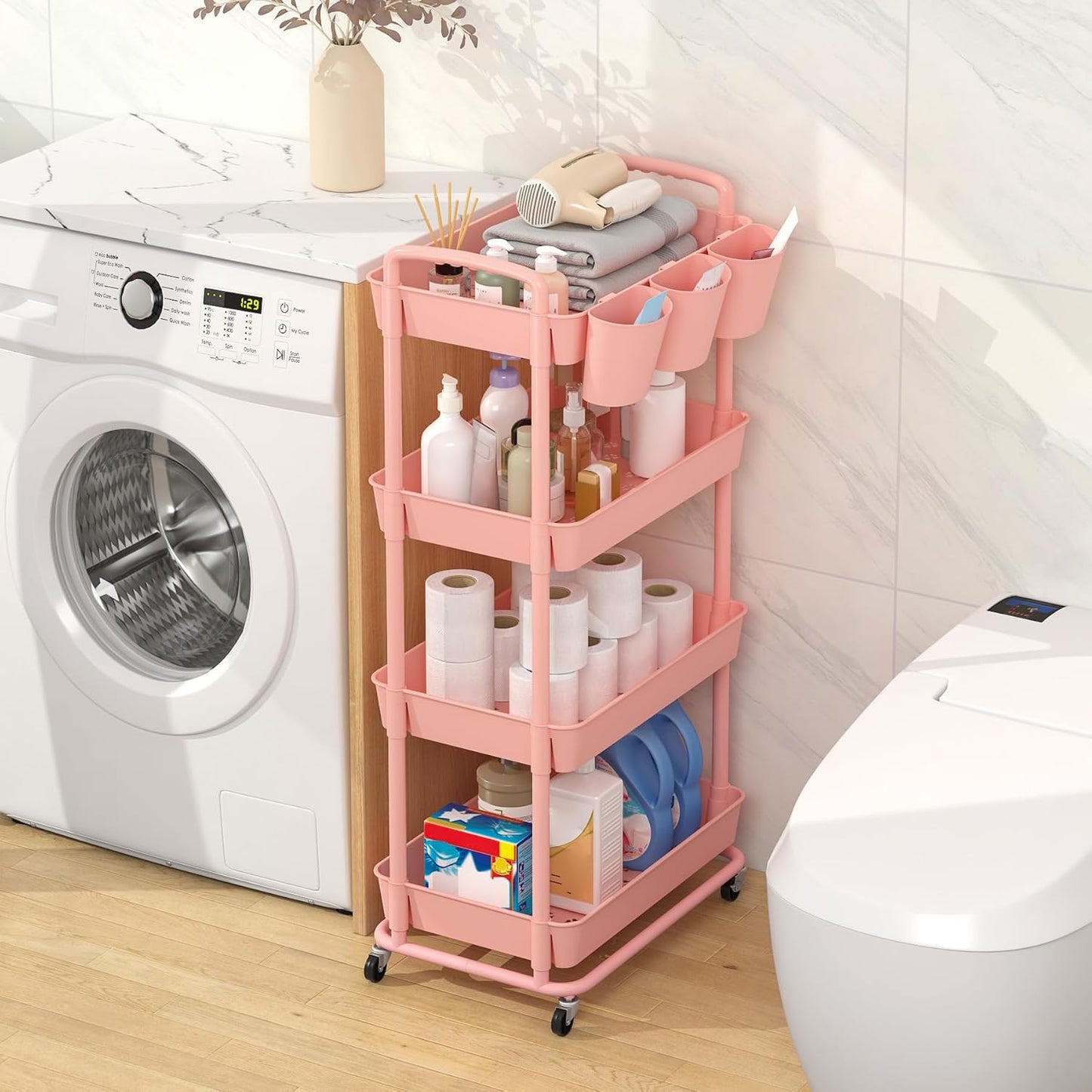 JIUYOTREE 4-Tier Plastic Rolling Storage Cart Utility Cart with Extra Hanging Cups Handles Lockable Wheels for Living Room Bathroom Kitchen Office White