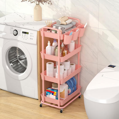 JIUYOTREE 4-Tier Plastic Rolling Storage Cart Utility Cart with Extra Hanging Cups Handles Lockable Wheels for Living Room Bathroom Kitchen Office White