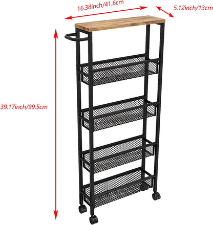 AZERPIAN Slim Rolling Cart 4 Tier Narrow Storage Cart on Wheels with MDF Board Top and Metal Handle for Small Space Kitchen Living Room Home Office Pantry Bathroom Laundry Room(16.54×5.12×30.31 inch)