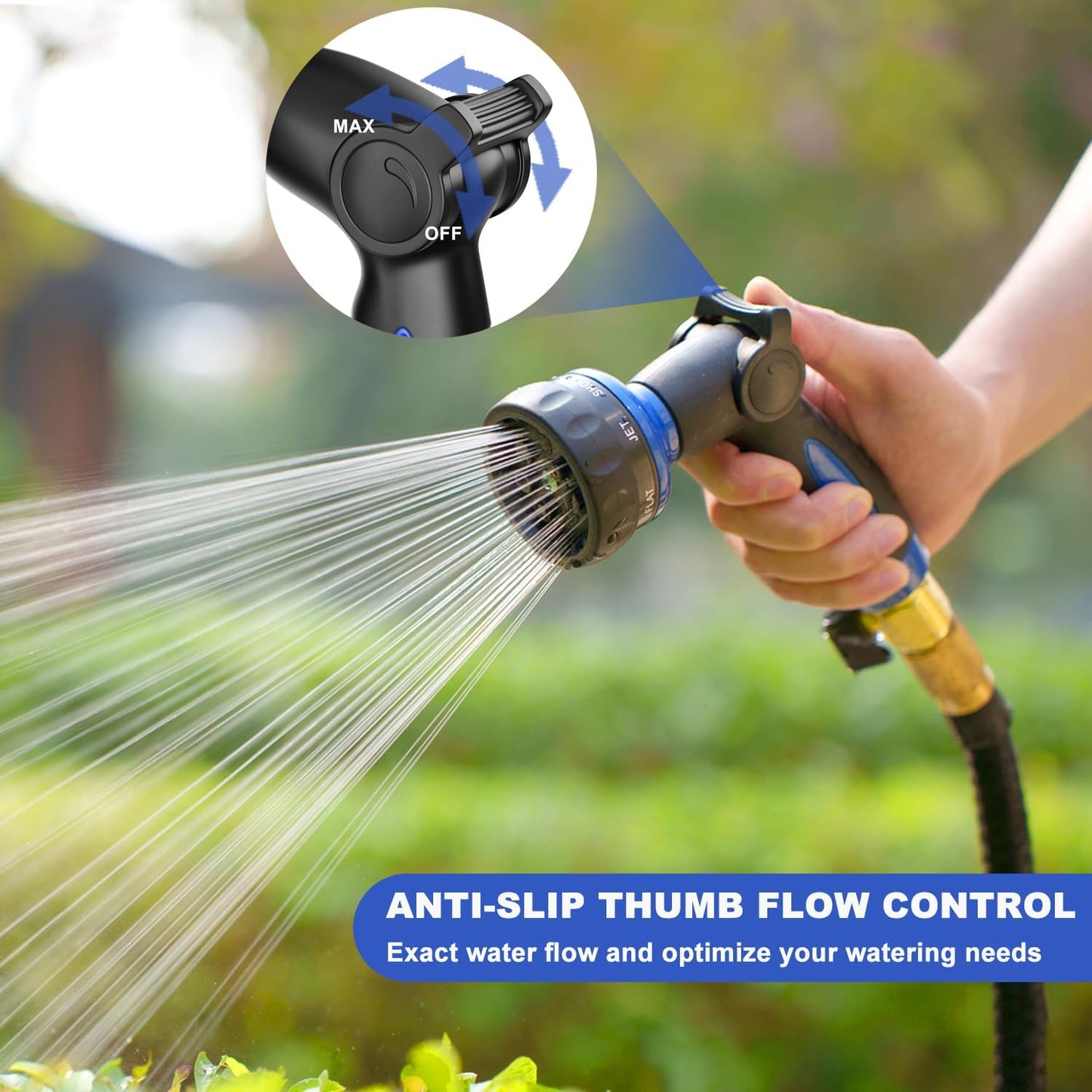 HOSUN Heavy Duty Garden Hose Nozzle, Adjustable Metal Water Sprayer with 7 Spray Patterns, Leak-Proof Thumb Control, High Pressure Hose End for Lawn Watering, Car Wash, Pet Cleaning, Blue
