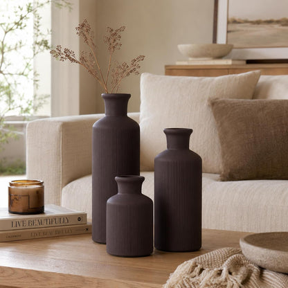Ceramic Vase Set of 3 – Small Flower Vases, Modern Farmhouse Boho Flower Vases for Home Decor, Rustic Pottery Vases for Centerpieces, Living Room, Shelf, Fireplace, Entryway Decor, Table or Cabinet