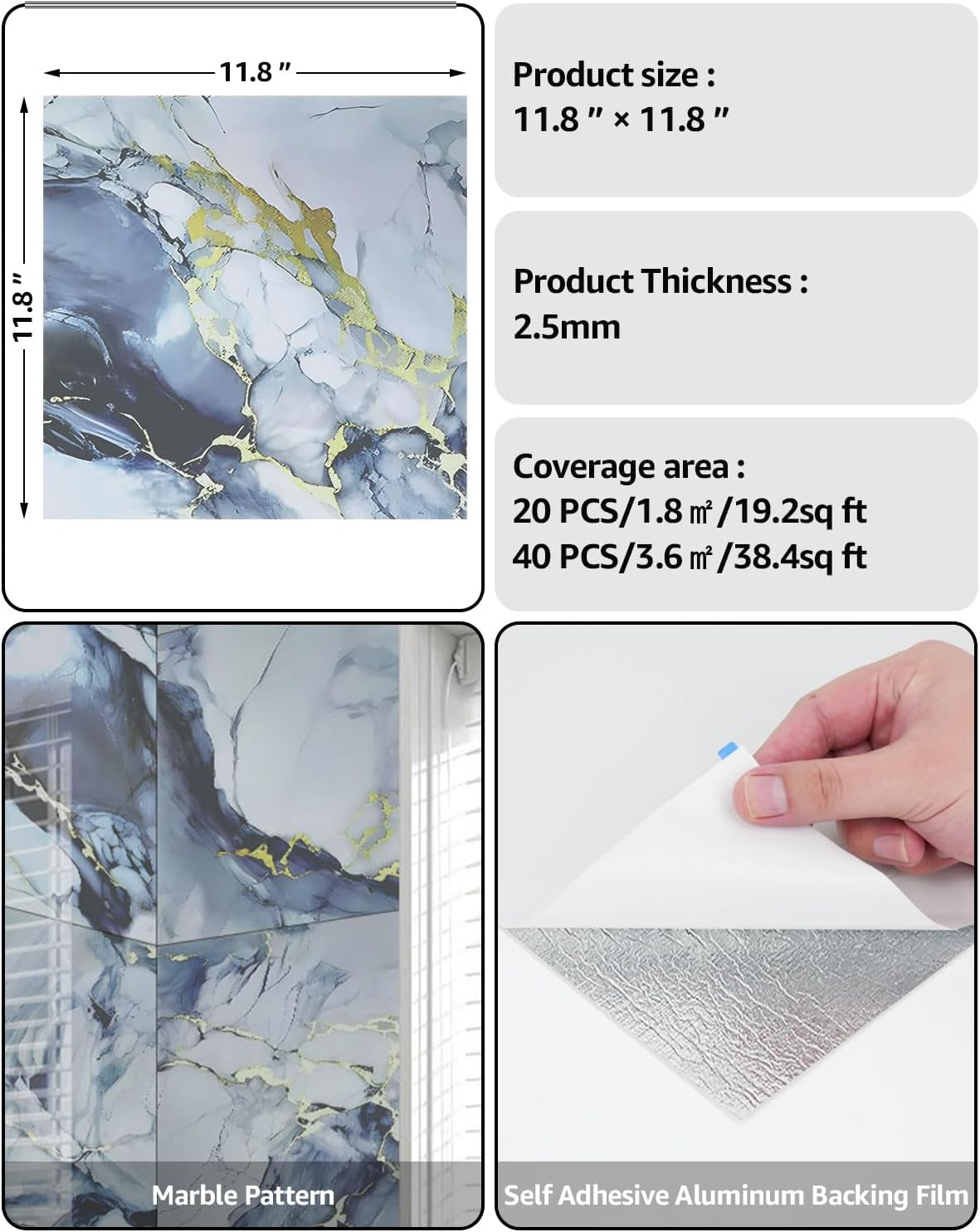 WADILE 10pcs Peel and Stick Shower Waterproof Marble Tiles Wall Panels, 11.8"x11.8" Self-Adhesive Backsplash, for Home Bathroom, Kitchen, Living Room White (Not Real Tile)