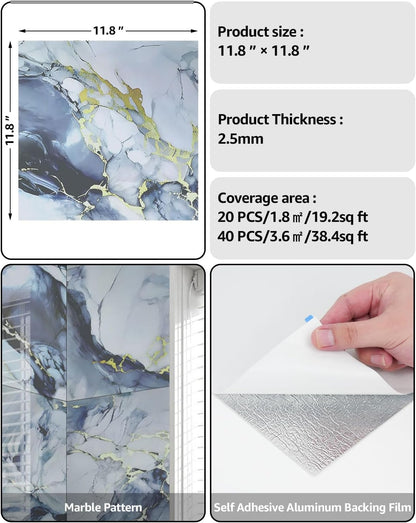 WADILE 10pcs Peel and Stick Shower Waterproof Marble Tiles Wall Panels, 11.8"x11.8" Self-Adhesive Backsplash, for Home Bathroom, Kitchen, Living Room White (Not Real Tile)