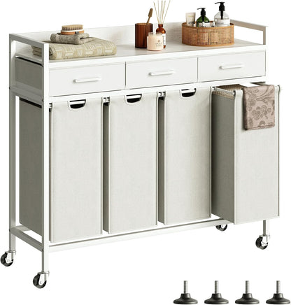 Herture Laundry Sorter 3 Section Laundry Hamper with Shelf, Durable 3 Section Laundry Basket with Rolling Wheels & Storage Drawers, 3 x 13.26 Gallons (50L), White PF09XLW
