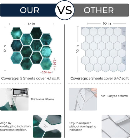 FunStick Dark Green Peel and Stick Backsplash Tile Stickers for Kitchen 12"x12" 3D Hexagon Self Adhesive Wall Tiles Peel and Stick Backsplash Stick on Tile for Bathroom Shower RV Waterproof 5 Sheets