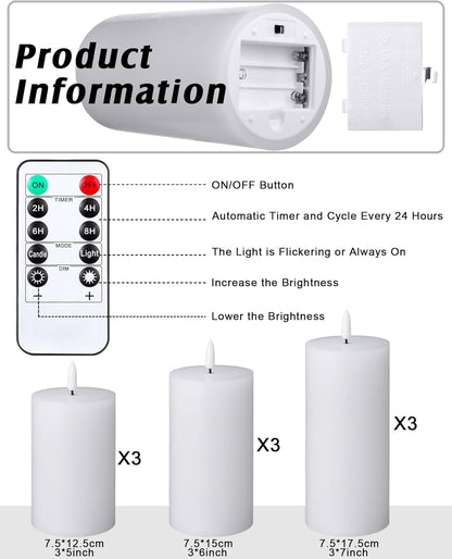 VIHOSE 9 Pack White Flameless Candles Set with Remote and Timer Flickering Flameless Battery Candles Flat Top LED Pillar for Wedding Outdoor Home Festival Decoration(D 3'' H 4'' 5'' 6'')