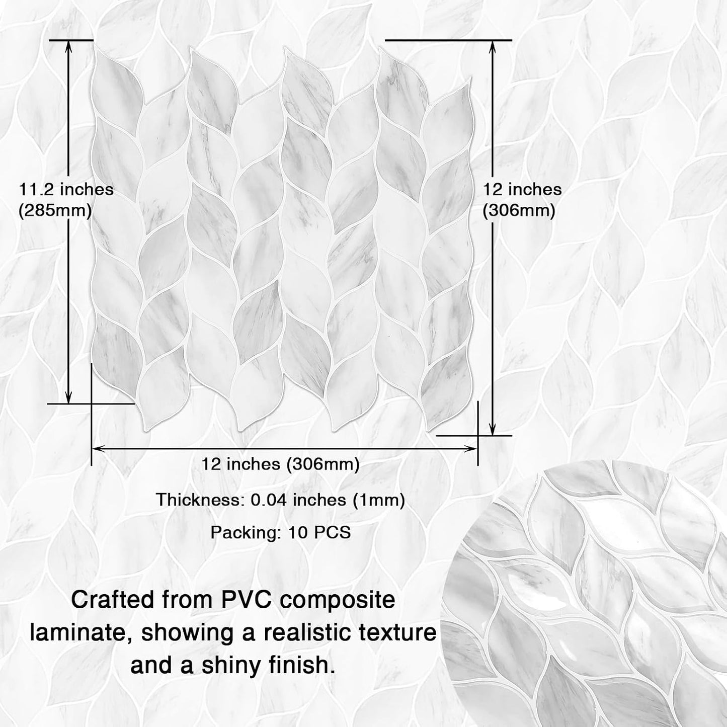 Tilingview 10 Pcs Vinyl Leaf Peel and Stick Tile for Kitchen Backsplash, Premium Self-Adhesive Tiles Plastic Wall Stickers Art Mosaics (Blue Gray)