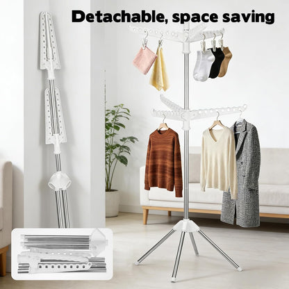 2-Layer Rotatable & Foldable Clothes Drying Rack 75" Stainless Steel Laundry Drying Tree with 6 Rotatable Arms, 4-Leg Free-Standing Hanger Stand for Indoor, Balcony, and Laundry Room