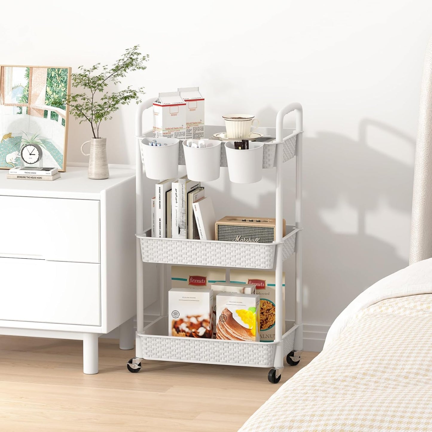 MOYIPIN 3-Tier Plastic Rolling Utility Cart with Handle,Utility Storage Cart for Office, Living Room, Kitchen,Movable Storage Organizer Shelves,White