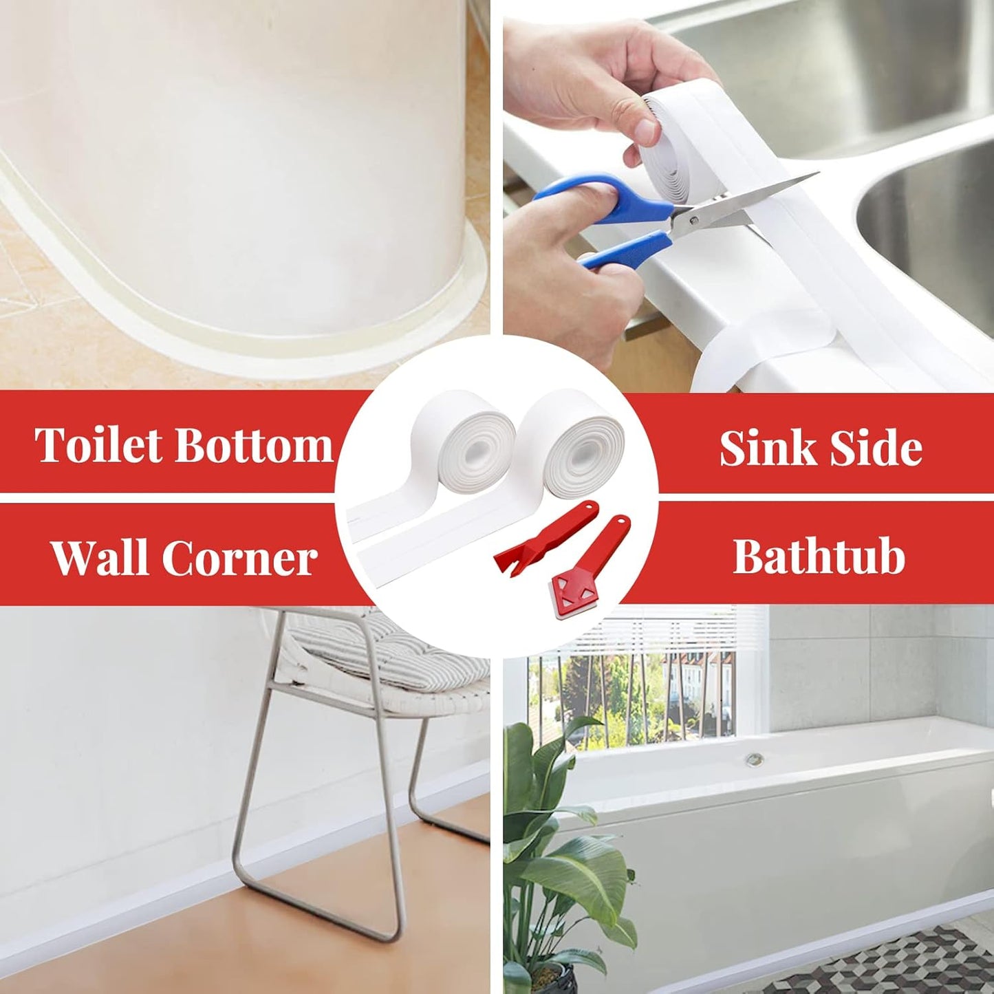 SNAILGARDEN 2 Roll White Caulk Strip, 1.5" x 10.5Ft Self Adhesive Caulk Tape with 2 Pcs Caulking Tool, Waterproof Caulking Sealing Tape for Kitchen Toilet Bathroom Bathtub Sink Basin Edge Protector