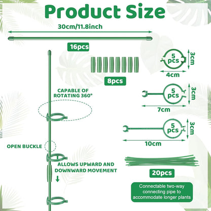 16inch & 12inch Plant Stakes, 18Pcs Adjustable Plant Support Stake Plant Sticks for Indoor Outdoor Green Poles with Rings Clips & Ties for Potted Plants Monstera Tomato Orchid Flower