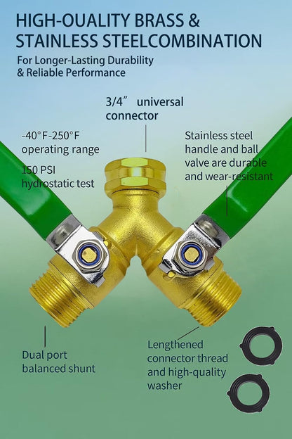 Upgraded Full-Flow Brass Garden Hose Splitter, 3/4 Inch，2-Way Y Connector for Outdoor Faucet, Heavy-duty Handle & Individual Shut-Off Valves, Ideal for Garden Irrigation & Cleaning Tasks