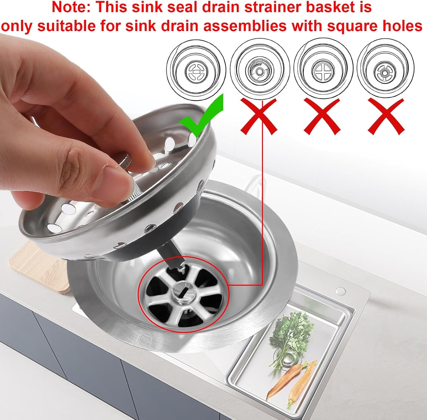 2pcs Kitchen Sink Drain Basket, 3 1/4 '' 304 Stainless Steel Drainage Filtration Basket with Handle for Kitchen Sink Strainer Replacement
