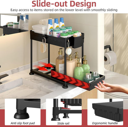 Sevenblue 4-Pack 2-Tier Under Sink Organizer with Pull Out Drawers | Multi-use kitchen & bathroom storage. Includes hanging hooks and cups. Black, space-saving cabinet design.