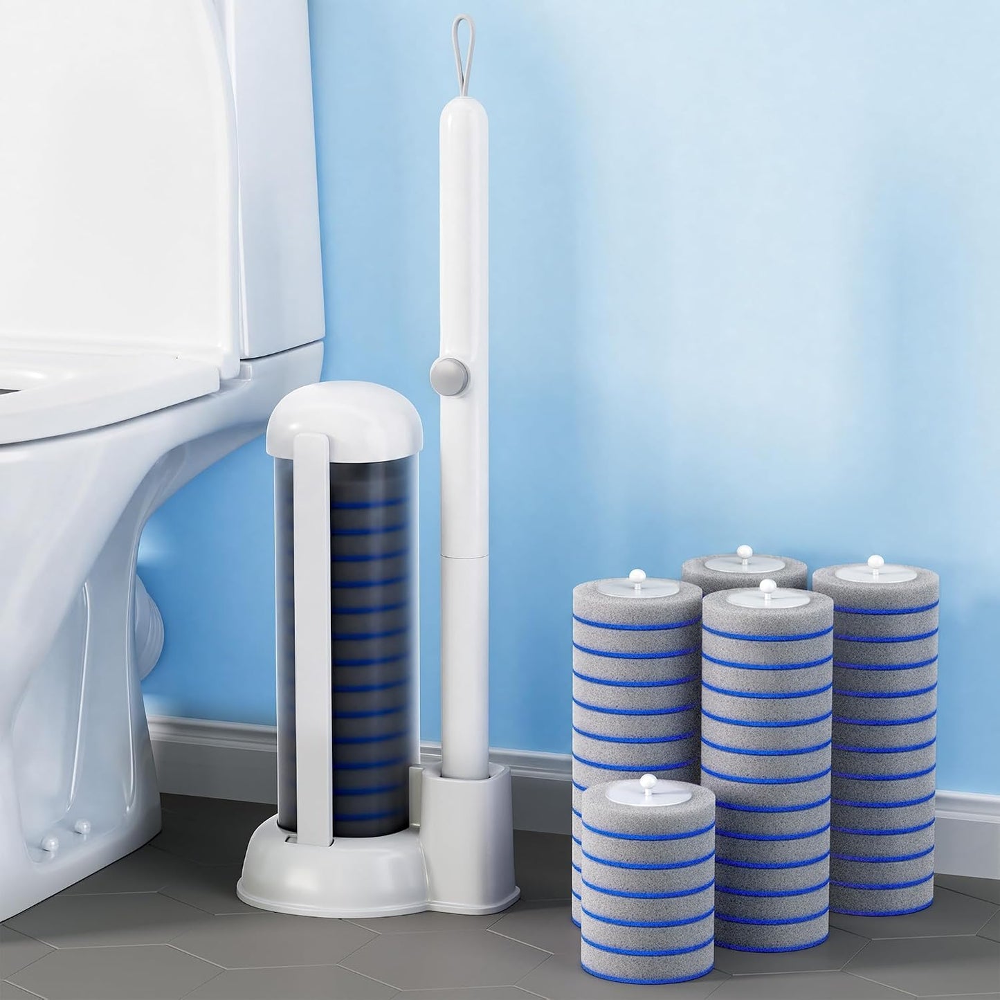 Spreezy Disposable Toilet Brush Set, Touch-Free Toilet Wand Kit with 54 Refills & Holder, Disposable Toilet Bowl Brush