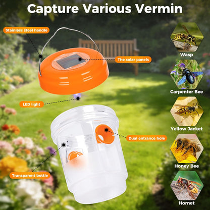 Solar Wasp Bee Trap, Outdoor Hanging LED Light Reusable Catcher for Outside | Brush Included, DIY Bait, Fits Hornet, Yellow Jacket, Wasp & Carpenter Bee, All-day Outdoor Use for Garden, Orchard & Farm