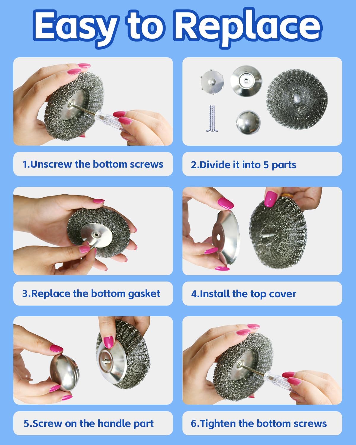 2 Pack Stainless Steel Scrubber with Handle, Includes 2 Replacement Steel Wool Pads, Heavy-Duty Scouring Brush for Pots, Pans, Stovetops and Kitchen Cleaning