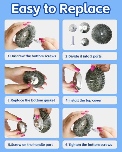 2 Pack Stainless Steel Scrubber with Handle, Includes 2 Replacement Steel Wool Pads, Heavy-Duty Scouring Brush for Pots, Pans, Stovetops and Kitchen Cleaning