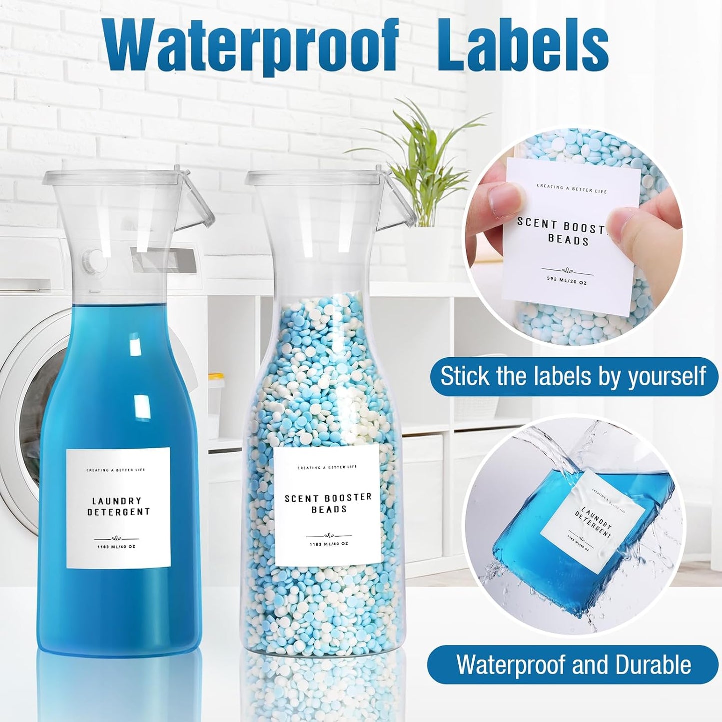 Laundry Detergent Dispenser Bottle 40oz with Waterproof Label for Laundry Detergent Soap Fabric Softener Bleach Scent Booster Beads, Sturdy PET Bottle for Laundry Room Decor 2 Pack White