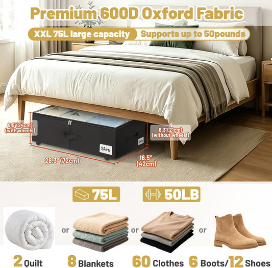 Under Bed Storage with Wheels, 2 Pack Underbed Storage Containers with Clear Lid & Label, XXL 75L Easy Assembly Rolling Under Bed Shoe Storage for Clothes, Shoes, Blankets, Black(28.3 X 16.5 X 9.5 in)