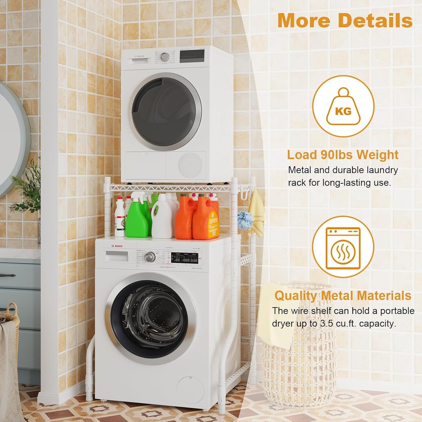 ULIFHOME U16 Upgraded Washer Dryer Stacking Rack for Narrow Laundry Room and Bathroom, Metal Over Washer and Dryer Storage Shelves for Saving Space, 29.5" W x 23.6" D x 53.1" H, Black