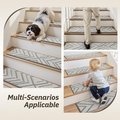 PADOOR Stair Treads Non Slip 15 PCS, 3D Peel and Stick Stair Treads for Wooden Steps Indoor, Residue-Free Adhesive Stair Runner for Kids, Elders & Pets, Washable Carpet for Stairs,8"x30",Brown
