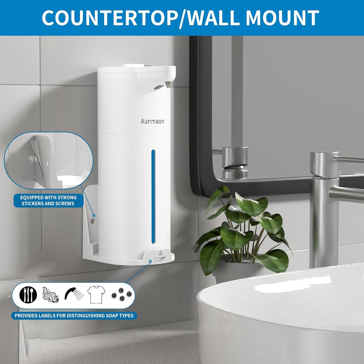 Aunmaon Automatic Soap Dispenser Touchless, Hands-Free, Multi Adjustable Volume, Long Battery Life, Compatible with Thick & Thin Dish/Hand Soap for Bathroom and Kitchen, Easy for Toddlers, Black