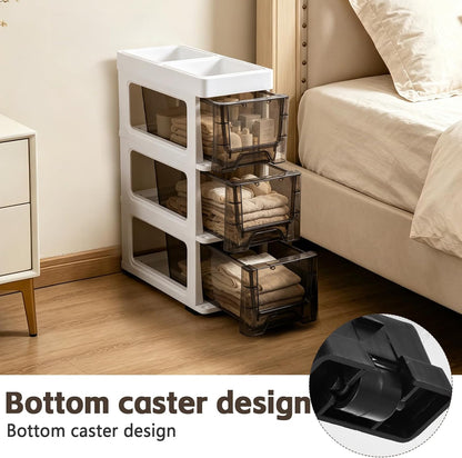 3 Drawer Storage Organizer, Narrow Slim Plastic Storage Drawer Cart with 4 Wheels, 3 Tier Space Saving Storage Tower Box, Narrow Storage Cart for Small Space Bedroom Bathroom Kitchen Pantry Office