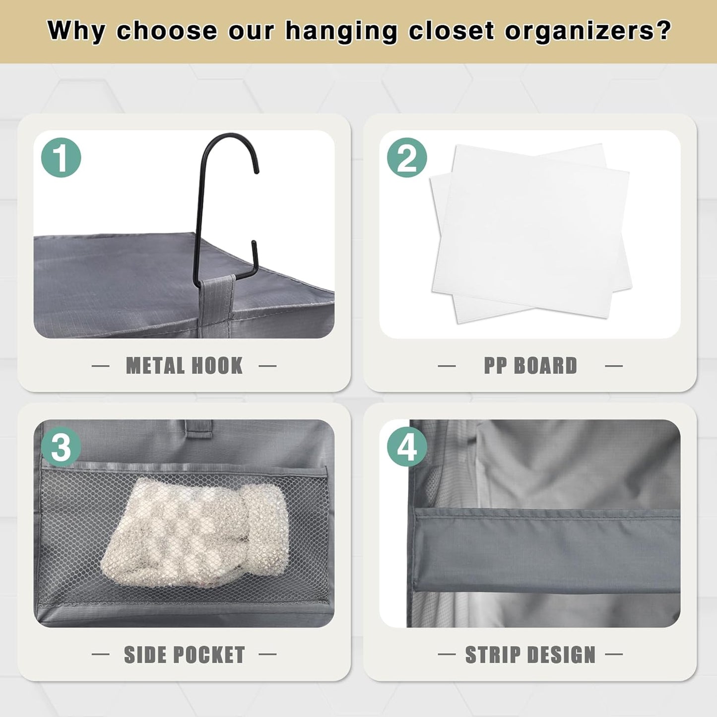 3-Shelf Hanging Closet Organizer, Washable Foldable Storage, Dark Gray | Front lip keeps items secure; side pockets add room; Oxford fabric handles towels, shirts, baby items, dorms, RVs or travel.