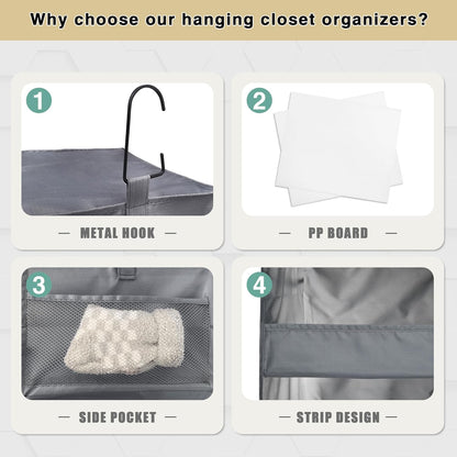 3-Shelf Hanging Closet Organizer, Washable Foldable Storage, Dark Gray | Front lip keeps items secure; side pockets add room; Oxford fabric handles towels, shirts, baby items, dorms, RVs or travel.