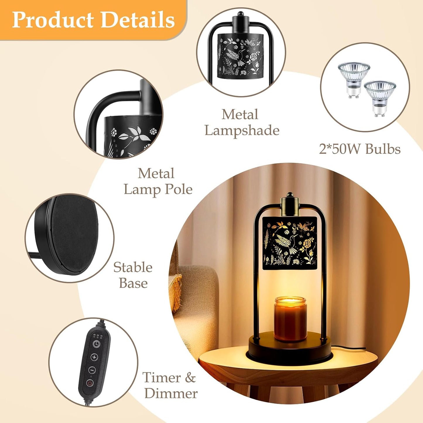 Candle Warmer Lamp Electric with Timer: Wax Melts Warmer - Dimmable Candle Wax Warmer Electric Candle Warmer with Replacement Bulbs, Bedroom Home Decor Compatible with Various Candles-Linen