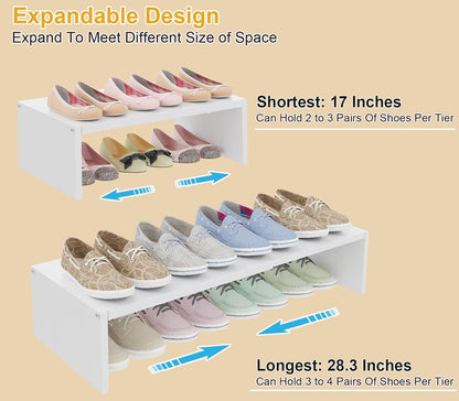 White Shoe Rack Organizer for Closet, 2-Tier Expandable Shoe Shelf, Stackable Iron Wood Combination Small Shoe Racks Shelves for Closets, Entryway,Small Space,Hallway,Bedroom,Bathroom,6-12 Pairs