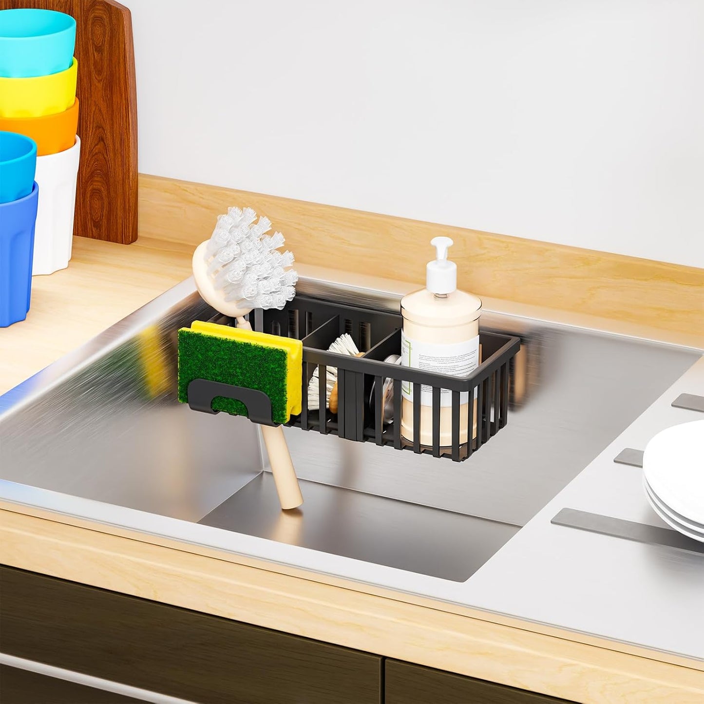 Yieach Black In Sink Sponge Holder for Kitchen Sink Organizer,3-In-1 In Sink Caddy with Suction Cups,Plastic Scrub Brush and Sink Ccrub Holder,New Home Must Haves Sponge Caddy,Dish Soap Rack,Dispenser