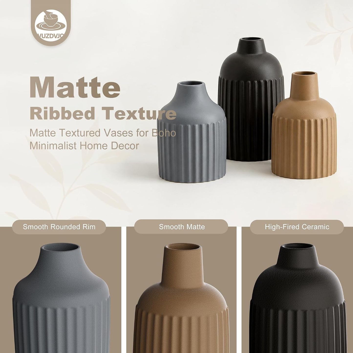 Beige Decorative Vase Set of 3 - Modern Boho Style Ribbed Ceramic Bud Vases for Flowers, Mini Small Vases for Shelf, Shelves, Bookshelf, Entryway Table & Home Decor Aesthetic (Beige White)