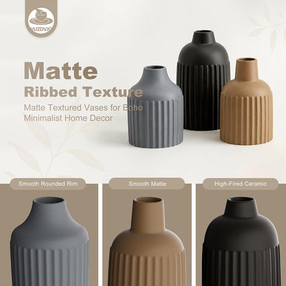 Beige Decorative Vase Set of 3 - Modern Boho Style Ribbed Ceramic Bud Vases for Flowers, Mini Small Vases for Shelf, Shelves, Bookshelf, Entryway Table & Home Decor Aesthetic (Beige White)