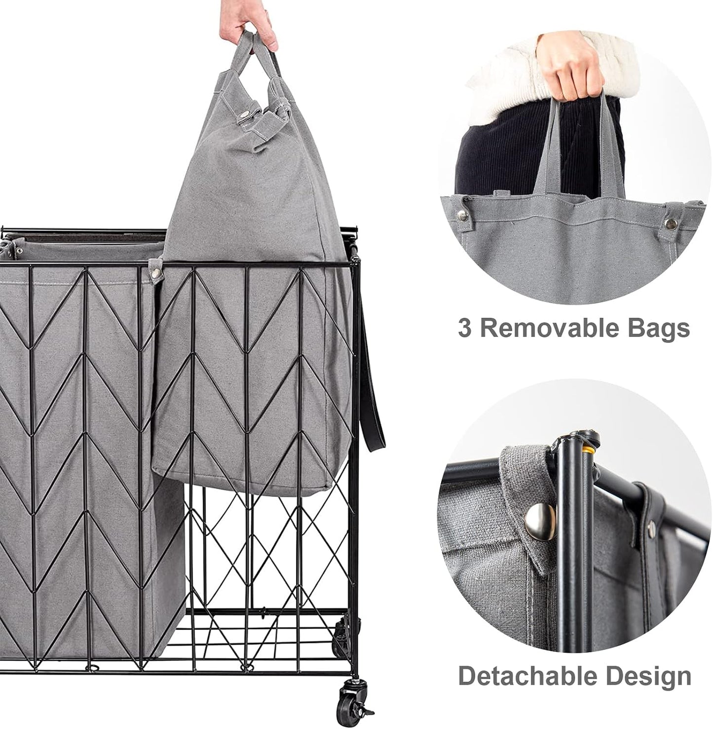 WOWLIVE Laundry Basket with Wheels, 142L Laundry Hamper 3 Section with Lid, Dirty Clothes Hamper with Removable Bags, Large Capacity Iron-Made Laundry Basket Organizer Laundry Sorter for Dorm, White