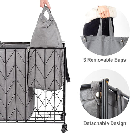 WOWLIVE Laundry Basket with Wheels, 142L Laundry Hamper 3 Section with Lid, Dirty Clothes Hamper with Removable Bags, Large Capacity Iron-Made Laundry Basket Organizer Laundry Sorter for Dorm, White
