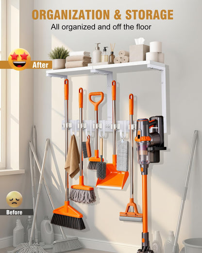 Large Broom Holder Wall Mount with Shelf, Vacuum Organizer, 5 Slots 5 Hooks | White, 3-In-1 Wall Mount Stores Brooms/Mops/Vacuum, Cleaning Supplies With 5 Grippers/5 Hooks And A Sturdy Wooden Top Shelf