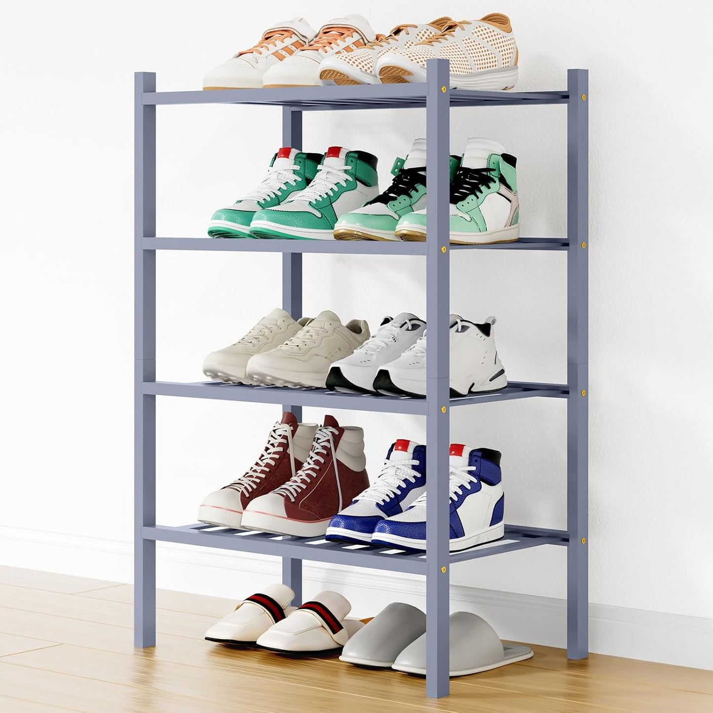Smiry Bamboo Shoe Rack, 3 Tier Free Standing Wooden Shoe Organizer, Stackable Wood Shoe Storage Shelf for Closet, Entryway, 12 Vertical Slats, 2+1 Stack Standard Legs, 26.8"x11"x19.5", Natural