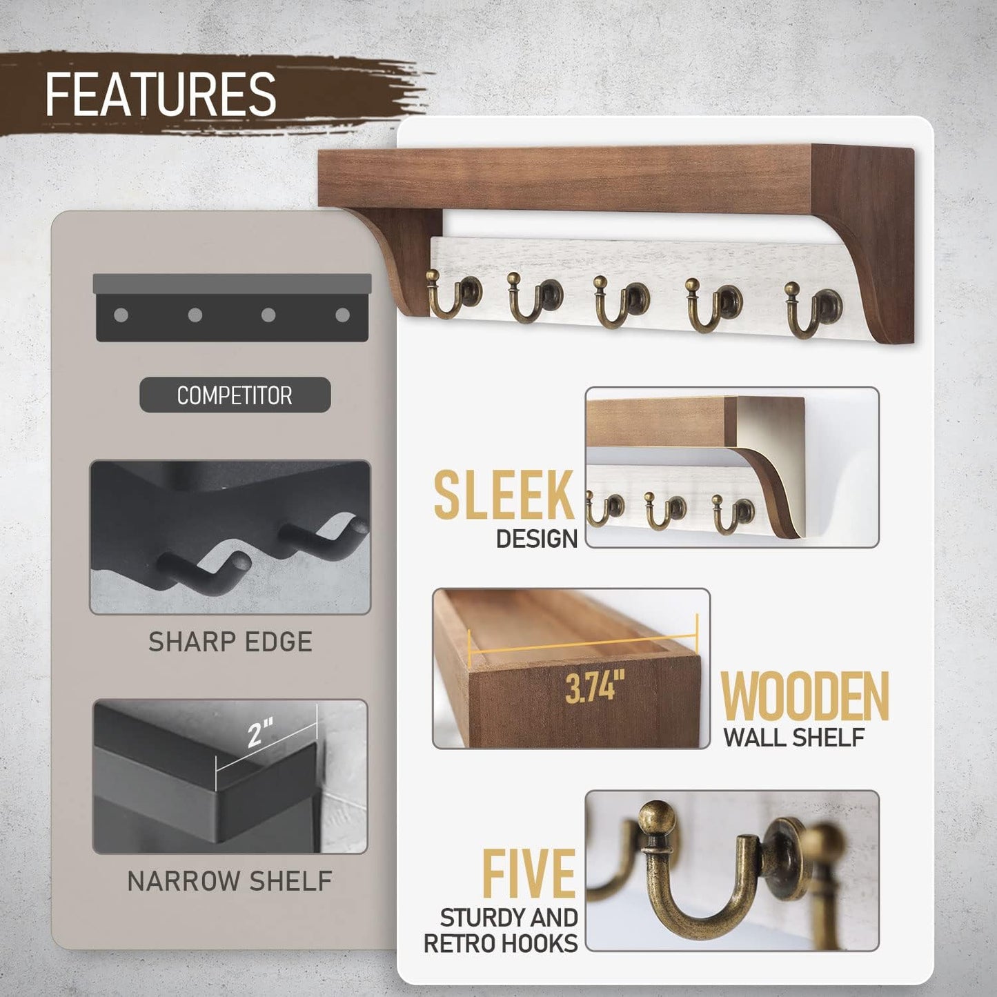 Rebee Vision Farmhouse Key Holder for Wall - Decorative Wooden Mail Organizer with 5 Rustic Key Hooks and Floating Shelf for Home Decor, Hallway, Entryway, Appartment (Retro Brown)