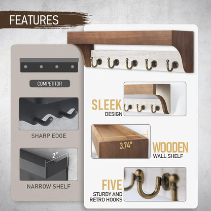 Rebee Vision Farmhouse Key Holder for Wall - Decorative Wooden Mail Organizer with 5 Rustic Key Hooks and Floating Shelf for Home Decor, Hallway, Entryway, Appartment (Retro Brown)