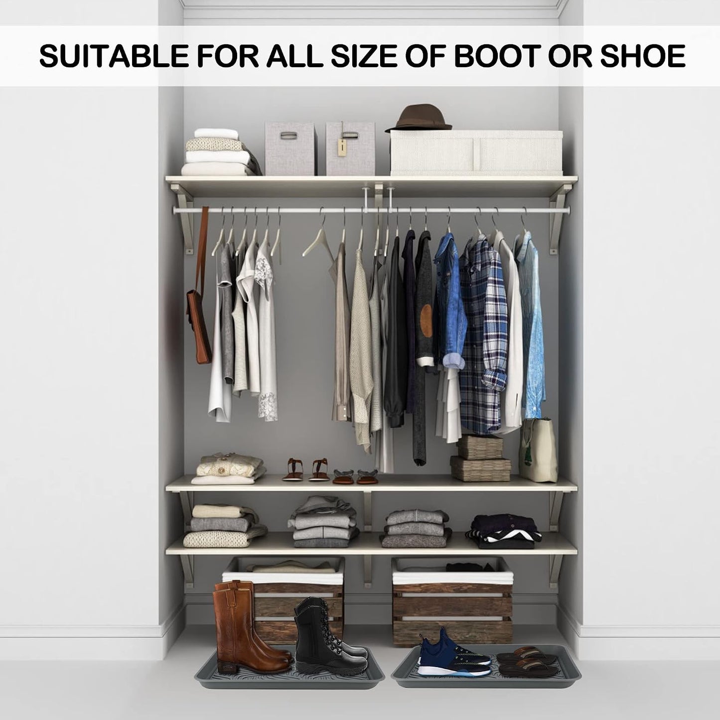 Boot Tray for Entryway Indoor, Heavy Duty Shoe Mat 2 Packs, 16.8"x12.8" Waterproof Shoe Tray with Raised Edge, Outdoor Multi-Purpose Tray for Boots, Garden, Pets (Black)
