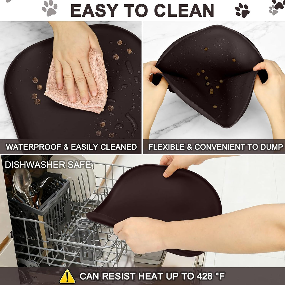 SMILOOL Silicone Pet Food Mat with Raised Edge for Food and Water Bowl, Dog Feeding Mats, Cat Food Trays for Floor Waterproof, Rubber Tray for Dogs and Cats, 19 x 12 x 0.7 Black