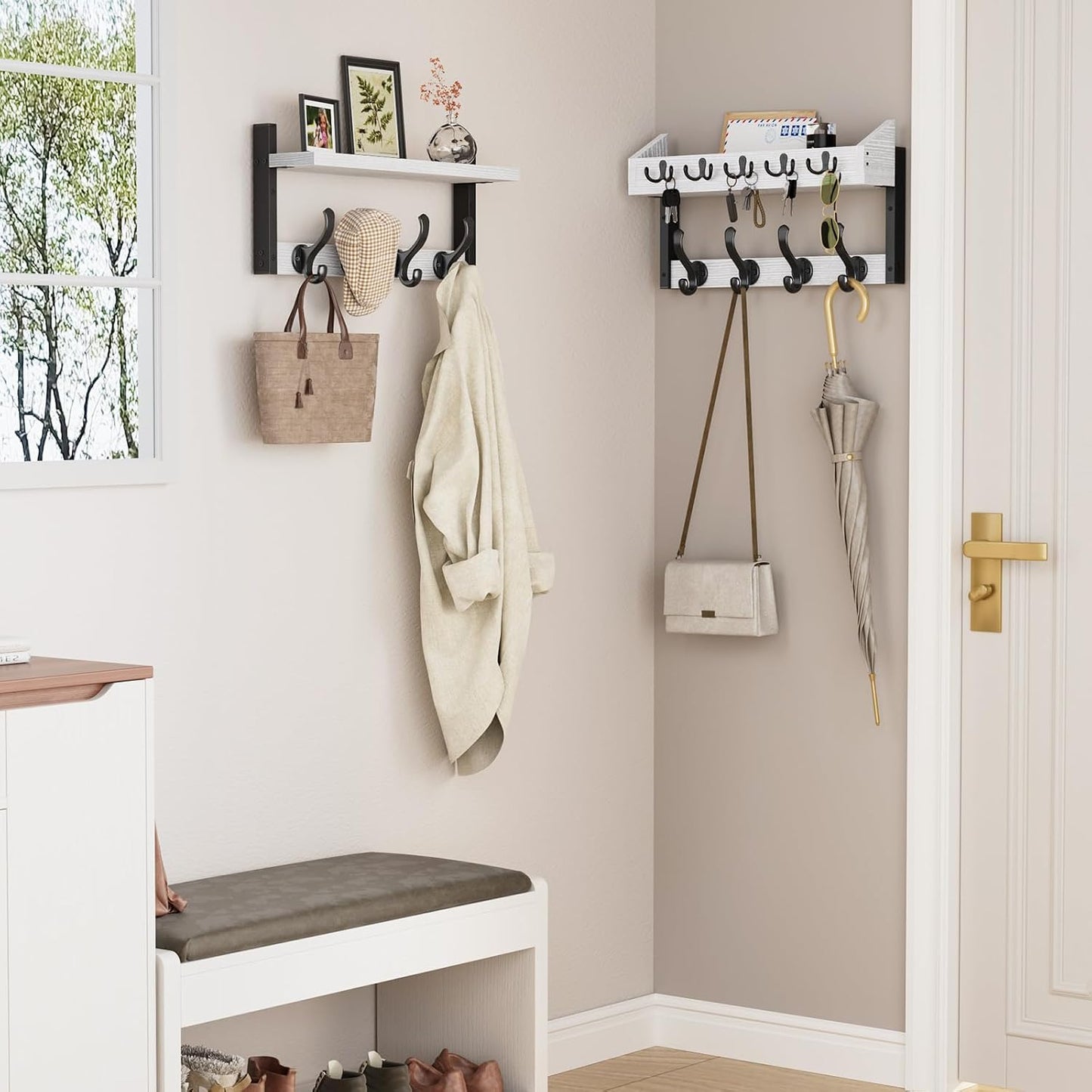 Evermagin 29" Coat Rack Wall Mount with Shelf, 4 in 1 Coat and Key Hanger with 11 Metal Hooks, Entryway Wall Mounted Shelf with Mail Holder for Living Room, Bedroom, Rustic Brown