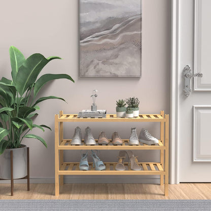 ROMGUAR CRAFT 3 Tier Bamboo Shoe Rack for Closet Free Standing Wood Shoe Shelf Storage Organizer for Entryway Small Space Stackable 27"x11"x20" (Natural)