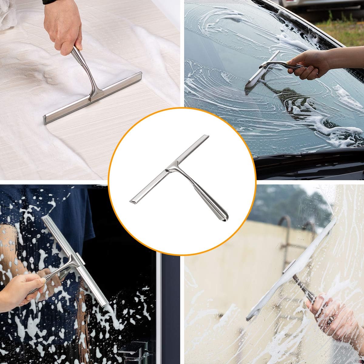Ettori Shower Squeegee Clear Glass Wall Cleaner Stainless Steel with Suction Storage Hook -10'', Chrome